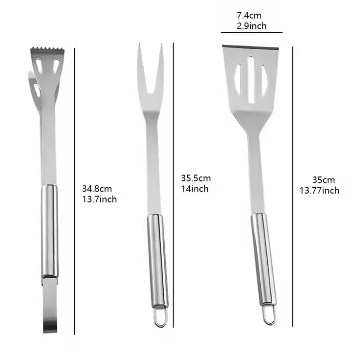 Kreshu Stainless Steel Barbecue Grilling Tool Set| BBQ Accessories Portable Home Barbecue Utensils Including Spatula Tong & Fork for Perfect Indoor Cooking Outdoor Camping (Set of 3) - Image 2