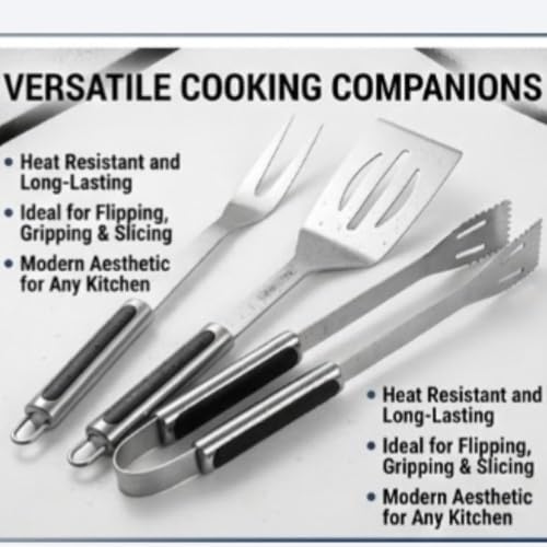 Kreshu Stainless Steel Barbecue Grilling Tool Set| BBQ Accessories Portable Home Barbecue Utensils Including Spatula Tong & Fork for Perfect Indoor Cooking Outdoor Camping (Set of 3) - Image 3