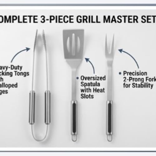 Kreshu Stainless Steel Barbecue Grilling Tool Set| BBQ Accessories Portable Home Barbecue Utensils Including Spatula Tong & Fork for Perfect Indoor Cooking Outdoor Camping (Set of 3) - Image 4