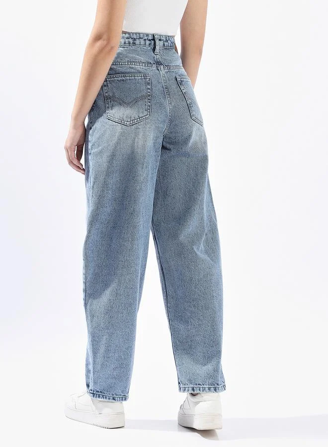 HIGH STAR Women Balloon Fit High-Rise Light Fade Distressed Cotton Jeans