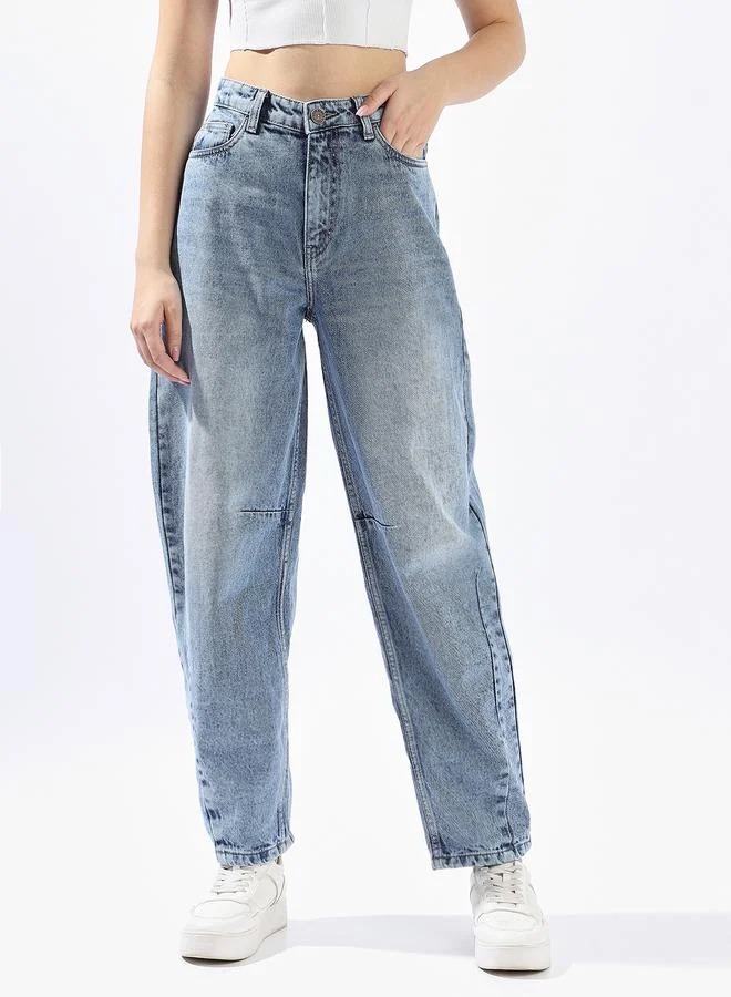 HIGH STAR Women Balloon Fit High-Rise Light Fade Distressed Cotton Jeans