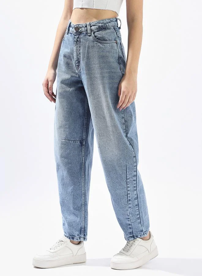 HIGH STAR Women Balloon Fit High-Rise Light Fade Distressed Cotton Jeans