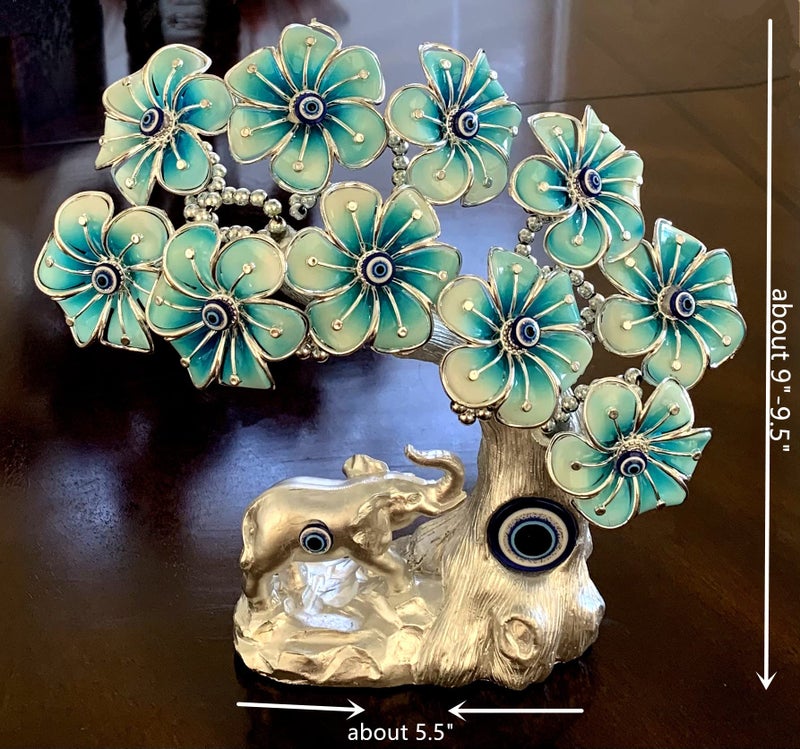 Betterdecor شجرة بونساي الحظ الأزرق بعيون الشر التركية مع فيل لتزيين المنزل والمكتب (فضي-أزرق) - Image 5