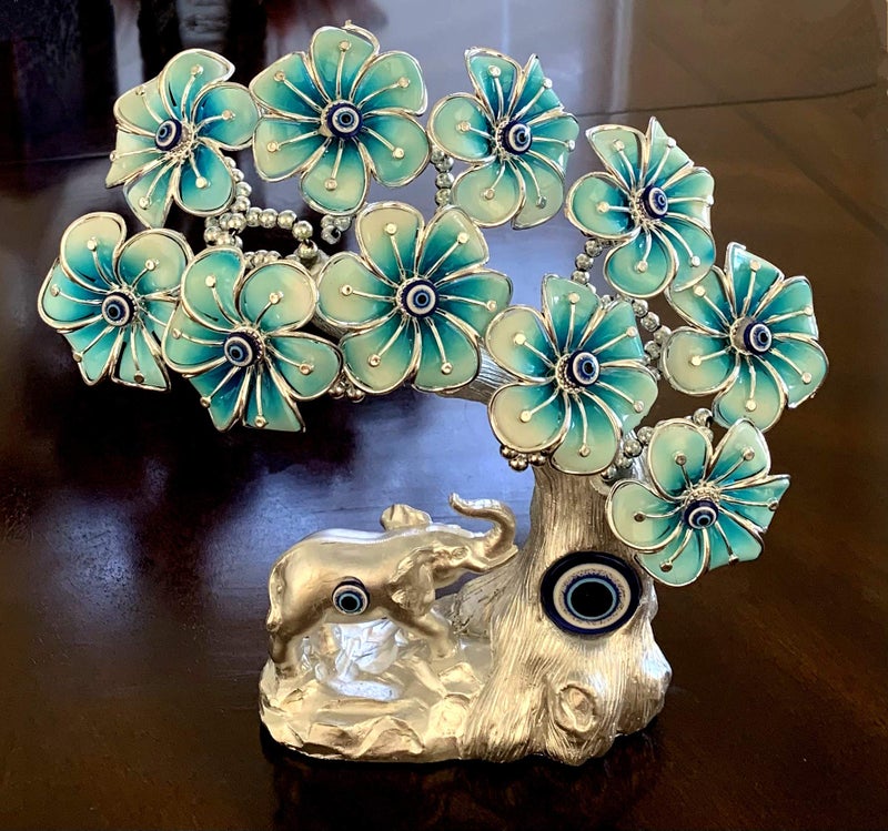 Betterdecor شجرة بونساي الحظ الأزرق بعيون الشر التركية مع فيل لتزيين المنزل والمكتب (فضي-أزرق) - Image 2