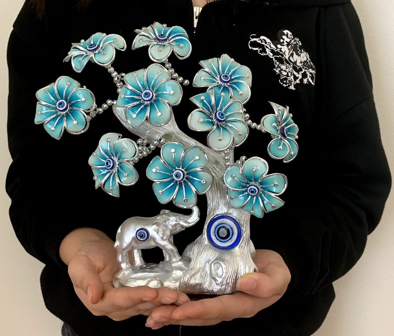 Betterdecor شجرة بونساي الحظ الأزرق بعيون الشر التركية مع فيل لتزيين المنزل والمكتب (فضي-أزرق) - Image 4