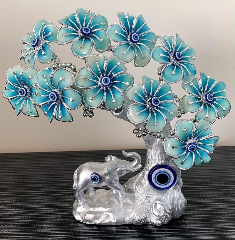 Betterdecor شجرة بونساي الحظ الأزرق بعيون الشر التركية مع فيل لتزيين المنزل والمكتب (فضي-أزرق) - Image 3