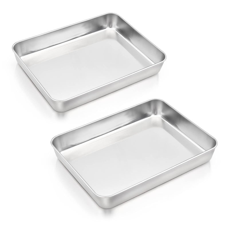 HaWare Baking Tray Set of 2 315 x 248 x 5cm Rectangle Cake Tin Stainless Steel Oven Tray Deep Roasting Pans for CakeBrownieLasagnaCasserole Healthy Durable Brushed Finished Dishwasher Safe