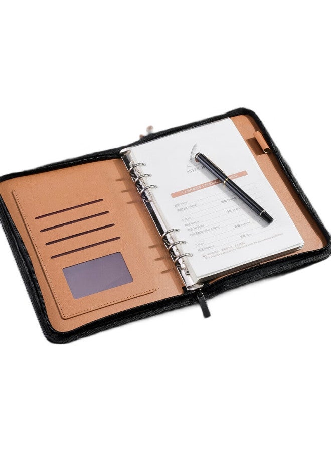 Shen Shi Shen 25A Business Leather Zipper Notebook With Loose-Leaf Pages, Card Slots, 6 Holes, 100G Replacement Pages, Customizable 85-Sheet Notebook, 1 Book 16725 Brown Yellow - Image 2