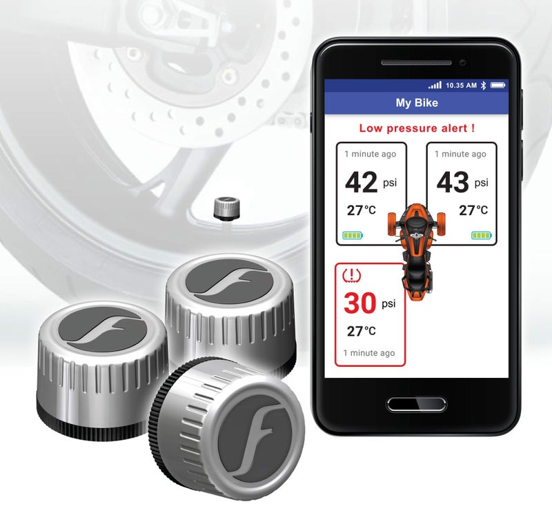 FOBO Bike 2 for Trike Smart Bluetooth TPMS Tire Pressure Monitoring Systems Silver Support Android iOS and BRP Connect 6 Level Alert