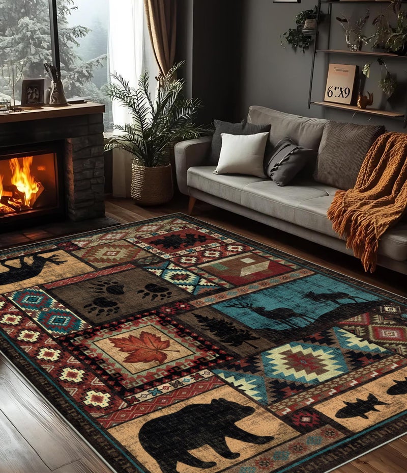 YIHOUSE Rustic Cabin Area Rug 5x7Machine Washable Lodge Bear RugNonSlip Low Pile Print Pattern Southwestern Rug for Living Room Bedroom
