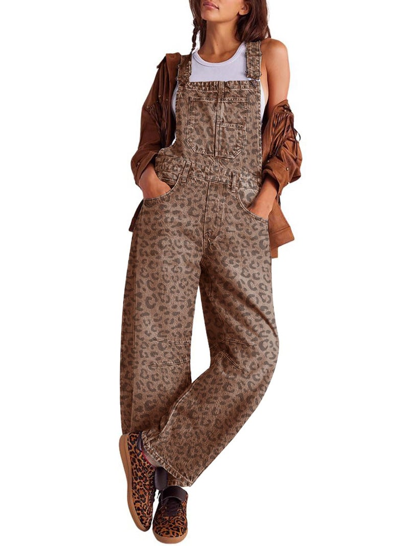 utcoco Womens Denim Overalls Loose Fit Barrel Leg Adjustable Strap Hip Hop Jean Jumpsuits (X-Small, Leopard Khaki) - Image 1