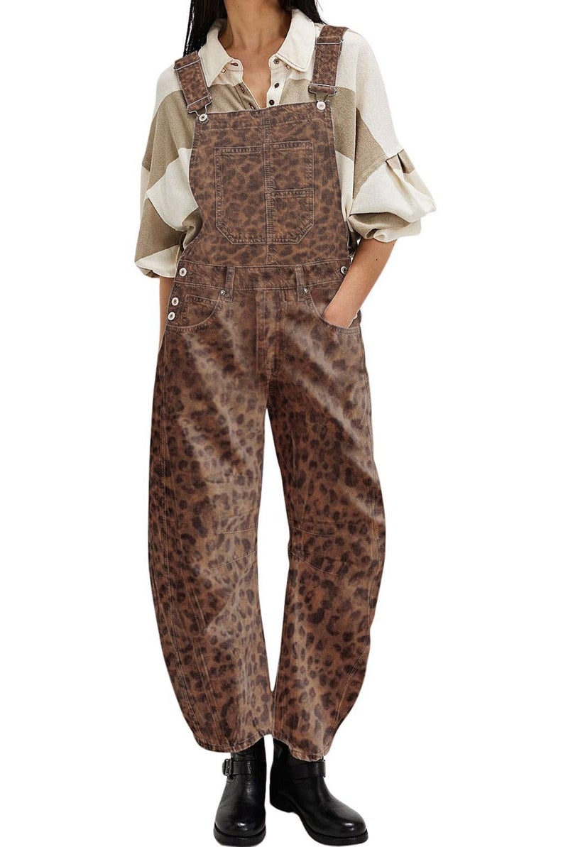utcoco Womens Denim Overalls Loose Fit Barrel Leg Adjustable Strap Hip Hop Jean Jumpsuits (X-Small, Leopard Khaki) - Image 2