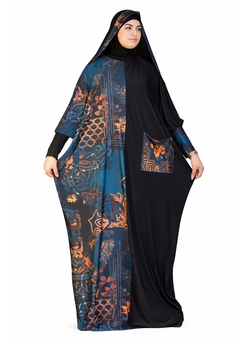 SATR HIJABI Women Printed Isdal Prayer Set – Full Coverage 2-Piece Prayer Outfit with Pocket, Soft Breathable Modest Islamic Wear Black Teal Copper - Image 1
