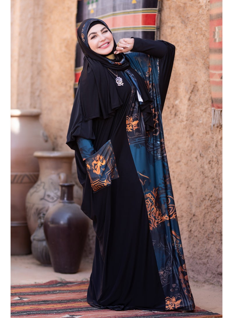 SATR HIJABI Women Printed Isdal Prayer Set – Full Coverage 2-Piece Prayer Outfit with Pocket, Soft Breathable Modest Islamic Wear Black Teal Copper - Image 5