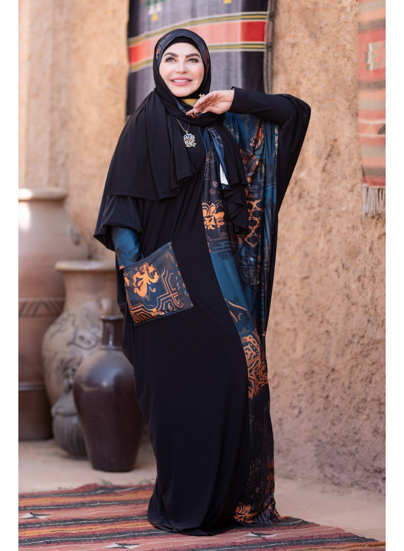 SATR HIJABI Women Printed Isdal Prayer Set – Full Coverage 2-Piece Prayer Outfit with Pocket, Soft Breathable Modest Islamic Wear Black Teal Copper - Image 4