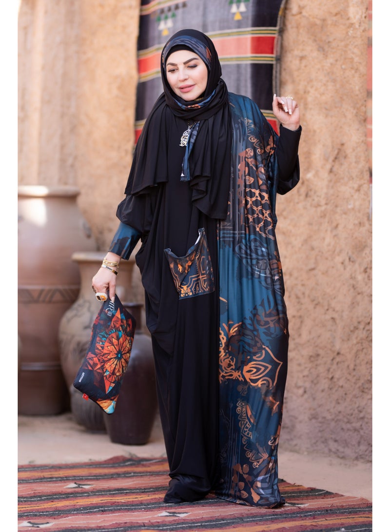 SATR HIJABI Women Printed Isdal Prayer Set – Full Coverage 2-Piece Prayer Outfit with Pocket, Soft Breathable Modest Islamic Wear Black Teal Copper - Image 2
