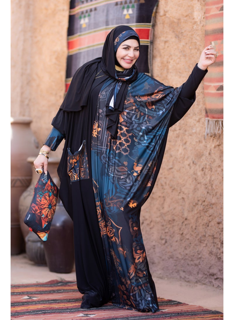 SATR HIJABI Women Printed Isdal Prayer Set – Full Coverage 2-Piece Prayer Outfit with Pocket, Soft Breathable Modest Islamic Wear Black Teal Copper - Image 3
