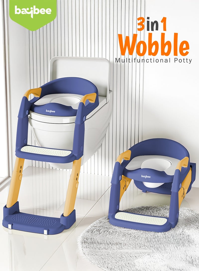 3 in 1 Wobble Western Toilet Kids Potty Training Seat for Baby with Ladder & 6-Level Height Adjustable | Foldable Baby Potty Seat with Removable Bowl | Kids Toilet Seat | Potty Seat for Kids 1 to 8 years Blue Yellow