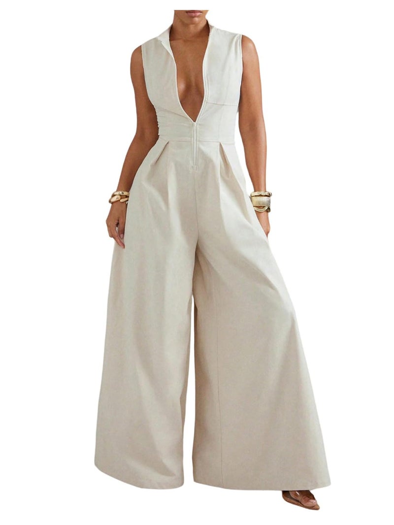 Verdusa Women's Zip Up Wide Leg Jumpsuits Sleeveless One Piece Jumpsuit Formal Dressy Casual Spring Outfits Apricot Medium - Image 1