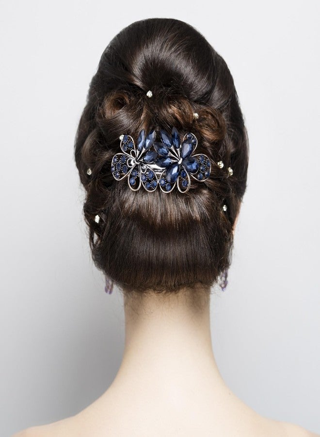 CustomyLife 2pcs 3.35inch Vintage Crystal Hair Barrettes, Sapphire Blue Bun Updo Hair Clips, Sparkly Rhinestone French Wedding Prom Formal Hair Jewelry Accessories for Women - Image 2