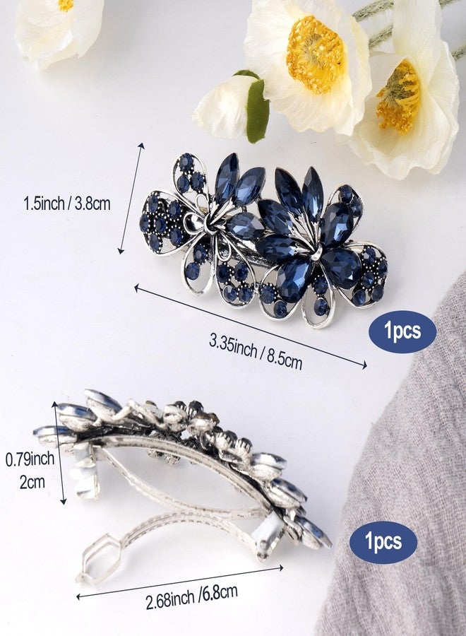 CustomyLife 2pcs 3.35inch Vintage Crystal Hair Barrettes, Sapphire Blue Bun Updo Hair Clips, Sparkly Rhinestone French Wedding Prom Formal Hair Jewelry Accessories for Women - Image 3
