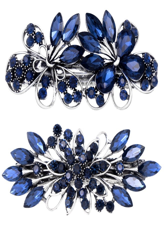 CustomyLife 2pcs 3.35inch Vintage Crystal Hair Barrettes, Sapphire Blue Bun Updo Hair Clips, Sparkly Rhinestone French Wedding Prom Formal Hair Jewelry Accessories for Women - Image 1