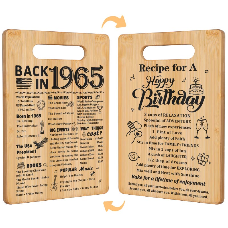 YeohJoy 60Th Birthday Gifts For Women Men Back In 1965&Recipe For A Happy Birthday Double Sided Cutting Board Present For Her Him 60Th Bday Gift Ideas Cool Presents For 60 Year Old Woman - Image 1