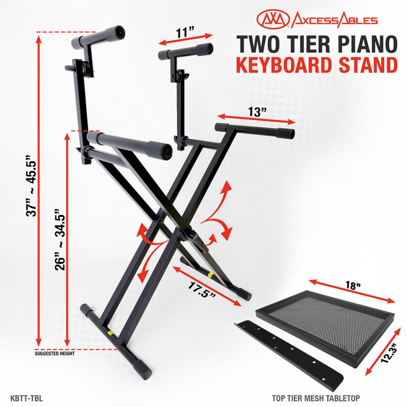 AXA AXCESSABLES AxcessAbles Dual Piano Keyboard Stand with 2nd Tier â€“ X Style Adjustable and Portable Heavy Duty 2 Tier Stand for Synths, Laptops, Tablet, Sheet music and Digital Keyboards â€“ Fits 54, 61, 64, 88 Key Pianos. Electric Piano and Sheet Music Stand - Image 5