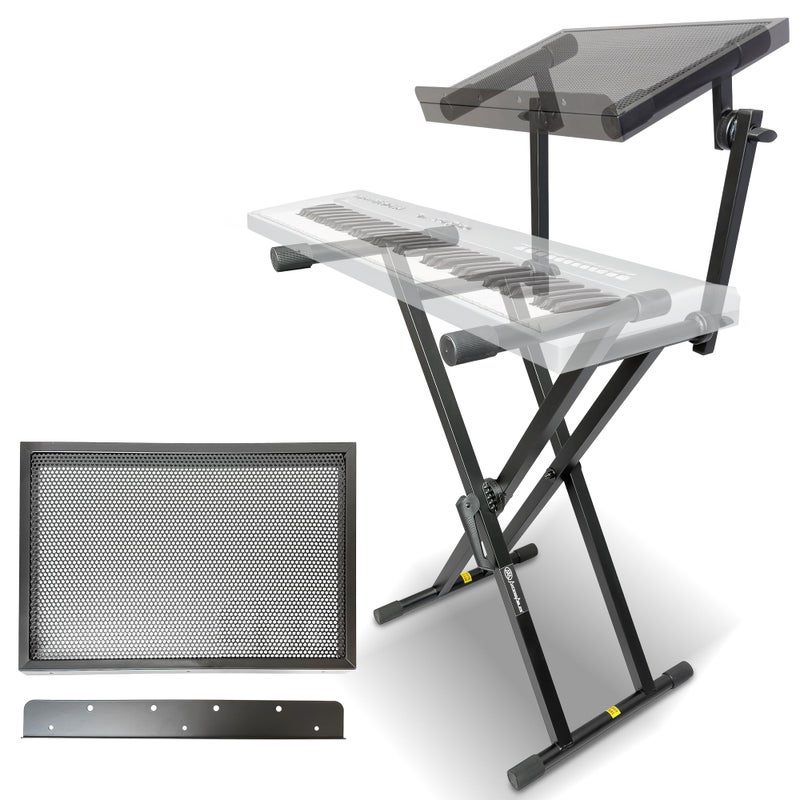 AXA AXCESSABLES AxcessAbles Dual Piano Keyboard Stand with 2nd Tier â€“ X Style Adjustable and Portable Heavy Duty 2 Tier Stand for Synths, Laptops, Tablet, Sheet music and Digital Keyboards â€“ Fits 54, 61, 64, 88 Key Pianos. Electric Piano and Sheet Music Stand - Image 1