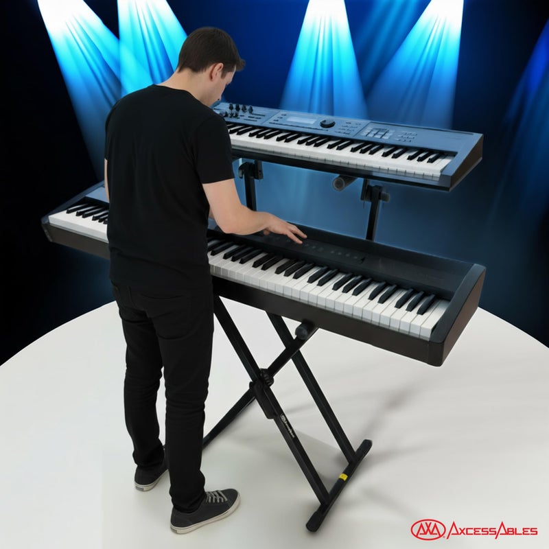 AXA AXCESSABLES AxcessAbles Dual Piano Keyboard Stand with 2nd Tier â€“ X Style Adjustable and Portable Heavy Duty 2 Tier Stand for Synths, Laptops, Tablet, Sheet music and Digital Keyboards â€“ Fits 54, 61, 64, 88 Key Pianos. Electric Piano and Sheet Music Stand - Image 2