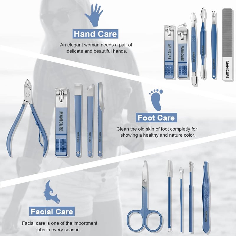 Leipple Manicure Set Professional Nail Clippers Pedicure Kit, 16 pcs Stainless Steel Nail Care Tools Grooming Kit with Luxurious Travel Leather Case for Thick Nails Men Women Gift (Blue) - Image 2
