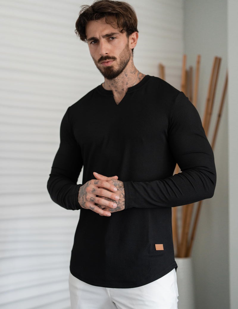 JMIERR Mens T-Shirts Casual Muscle Slim Fit V Neck Hipster Longline Henley Shirt Long Sleeve Gym Workout Athletic Fitted Tees Shirts, L, Black - Image 2