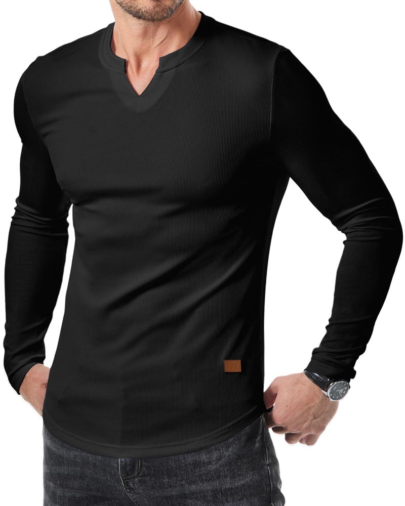 JMIERR Mens T-Shirts Casual Muscle Slim Fit V Neck Hipster Longline Henley Shirt Long Sleeve Gym Workout Athletic Fitted Tees Shirts, L, Black - Image 1