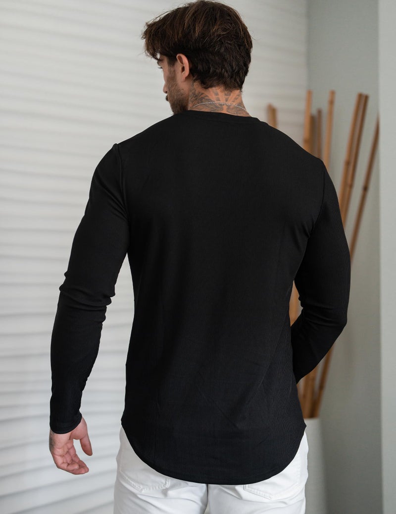 JMIERR Mens T-Shirts Casual Muscle Slim Fit V Neck Hipster Longline Henley Shirt Long Sleeve Gym Workout Athletic Fitted Tees Shirts, L, Black - Image 3