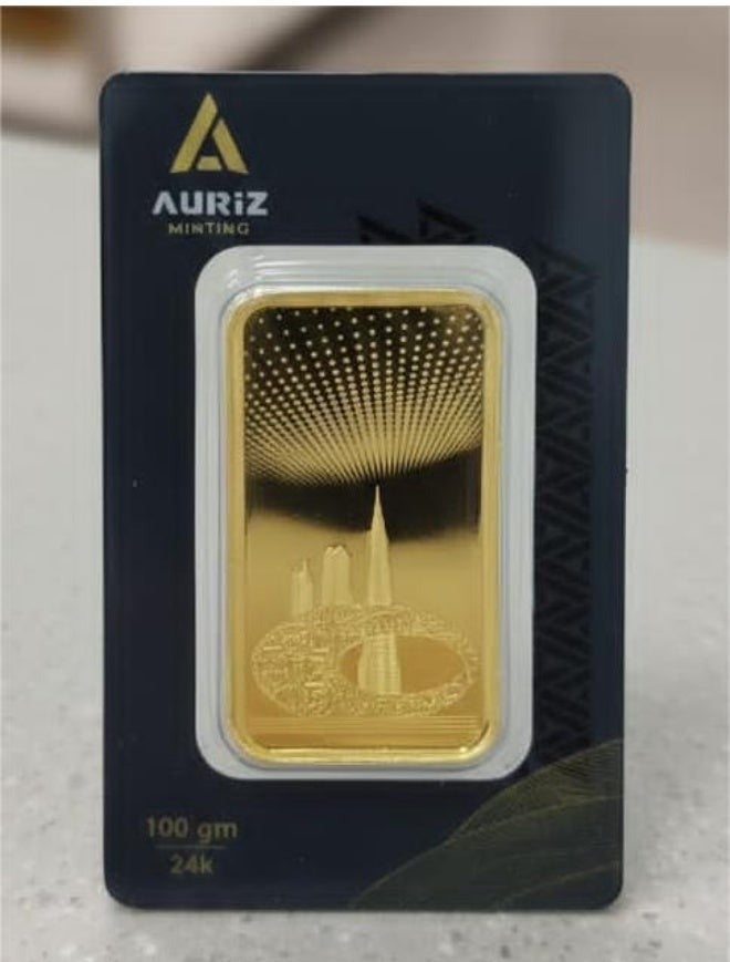 AURIZ MINTING Rizan Jewellery – Auriz Minting 100gm 24K Gold Bar Burj Khalifa & Museum of the Future Design - Image 1