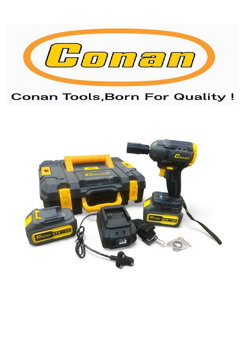Conan 21V Brushless 1/2" Impact Wrench Kit – 2× 21V 3.0Ah Li-ion Batteries + Fast Charger + Hard Carry Case, 1/2" Anvil with Pin/Ring, Professional Cordless Set for Automotive Wheel Nuts, Workshop & DIY (Model COLW0821B) - Image 1