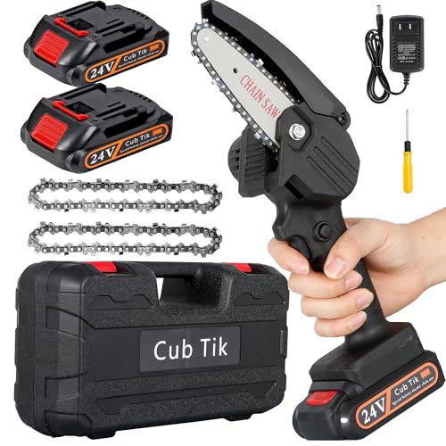 Cub Tik Mini Chainsaw Cordless 4 Inch Battery Powered Electric Chainsaw with 2 Batteres and Chain Portable Handheld Small Chainsaw One Hand Pruning Chain Saw (Black) - Image 1
