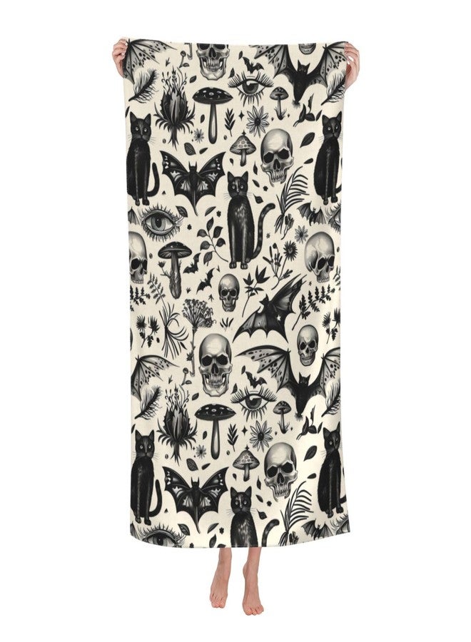 VODRM Gothic Retro Beach Towel,32x52in Microfiber Quick Dry Black Cat Skull Bat Mushroom Vintage Goth Bath Towels,Soft Lightweight Oversized Sand Free,for Travel Pool Swimming Decor - Image 1