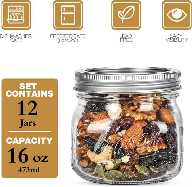 Ieavier 12PCS Wide Mouth Mason Jars 16oz with Airtight Lids and Bands, Canning Jars with Crystal Glass for Food Storage, Spice Jars, Canning, DIY Projects, Jam, Jelly, Honey, Preserving, Drinking - Image 2