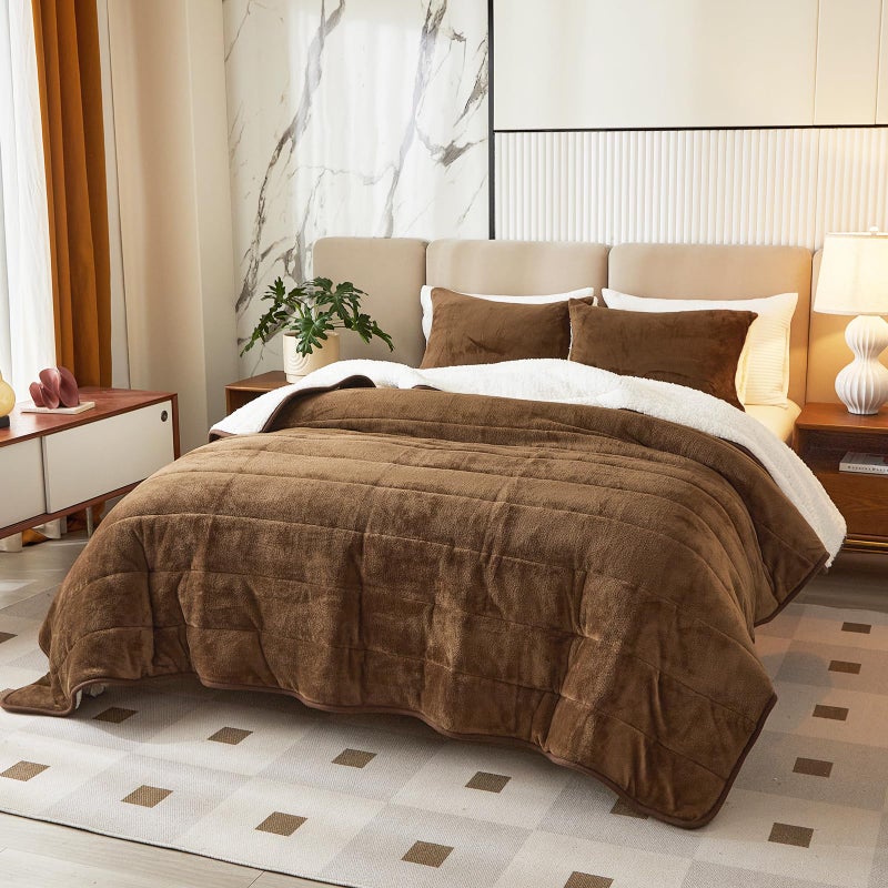 3Layer Luxury Flannel Fleece Thick Bed Blanket Full Queen Size Soft Plush Velvet Sherpa Blanket with 2 Pillow Shams Heavy Warm for Winter Breathable n Washable Brown