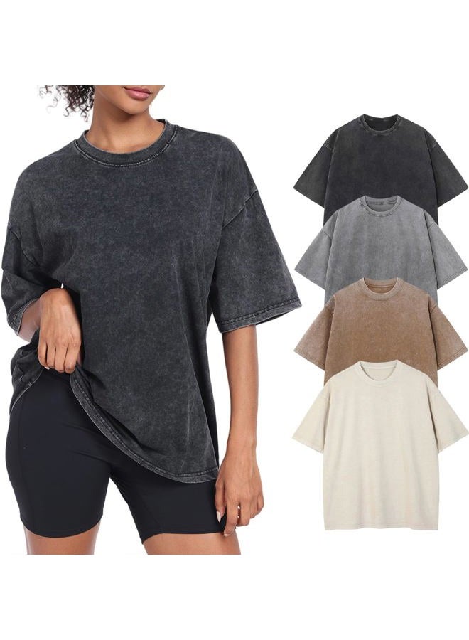 KEEPSHOWING Womens Vintage Oversized T Shirts Acid Washed Baggy Cotton Tee Casual Workout Boyfriend Short Sleeve Tops, Black/Grey/Coffe/Beige, M - Image 1