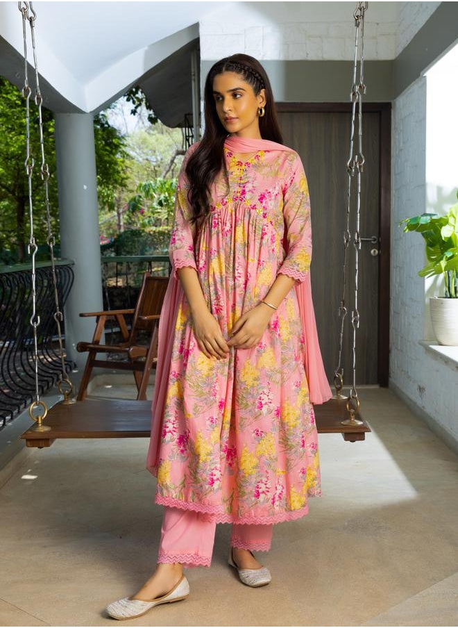 DW Floral Print Thread Work Pure Cotton A-Line Kurta with Trousers and Dupatta by Styli  - Image 1