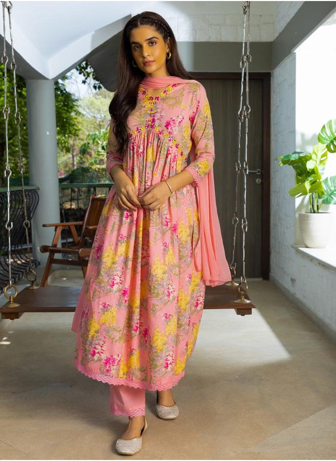 DW Floral Print Thread Work Pure Cotton A-Line Kurta with Trousers and Dupatta by Styli  - Image 5