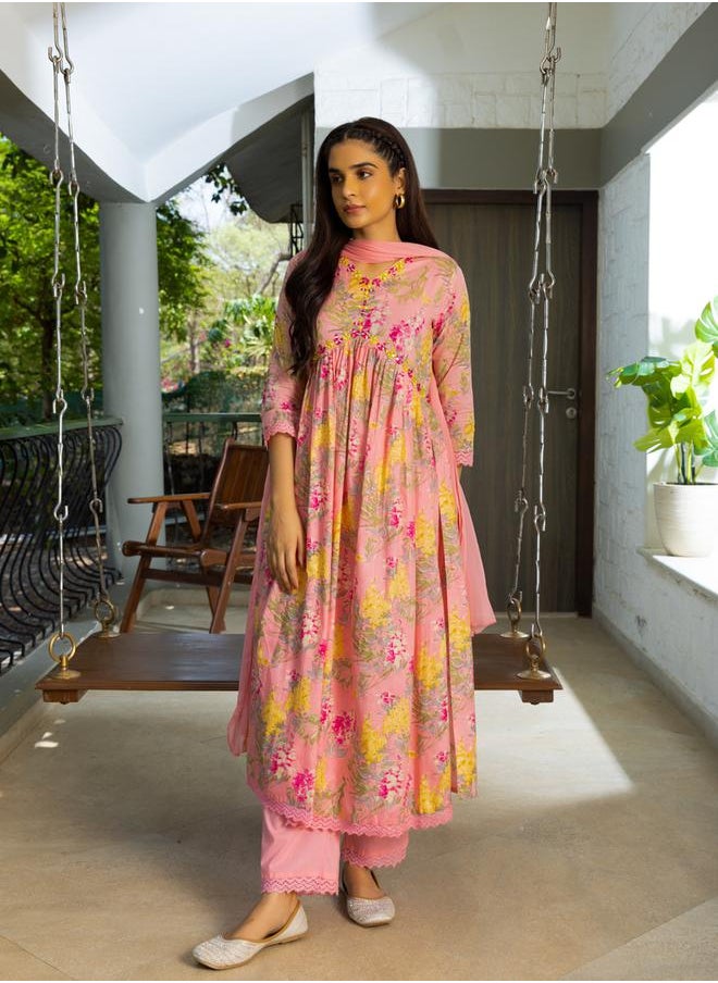 DW Floral Print Thread Work Pure Cotton A-Line Kurta with Trousers and Dupatta by Styli  - Image 4