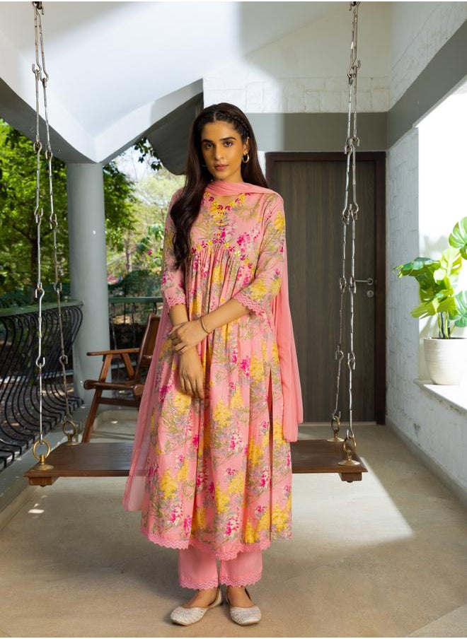 DW Floral Print Thread Work Pure Cotton A-Line Kurta with Trousers and Dupatta by Styli  - Image 2