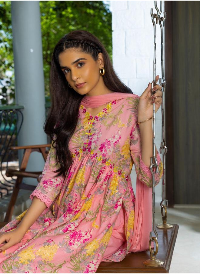 DW Floral Print Thread Work Pure Cotton A-Line Kurta with Trousers and Dupatta by Styli  - Image 3