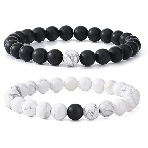 MengPa Mens Beaded Bracelets Couples Matching Bracelet Set Matte Beads for Women Stone Jewelry (Howlite-White) US3691E - Image 1