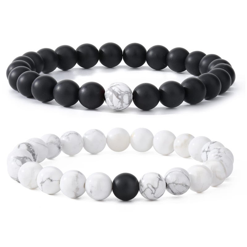 MengPa Mens Beaded Bracelets Couples Matching Bracelet Set Matte Beads for Women Stone Jewelry (Howlite-White) US3691E - Image 5
