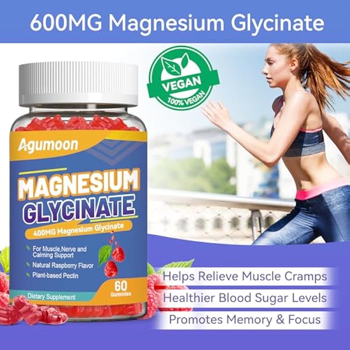 Agumoon Magnesium Glycinate Gummies 400mg with L-Threonine 200mg, Calcium, Potassium, Vitamins D & B6, CoQ10 - High Absorption for Stress Relief & Muscle Relaxation, Non-GMO, Gluten Free, 120 Raspberry Gummy - Image 5