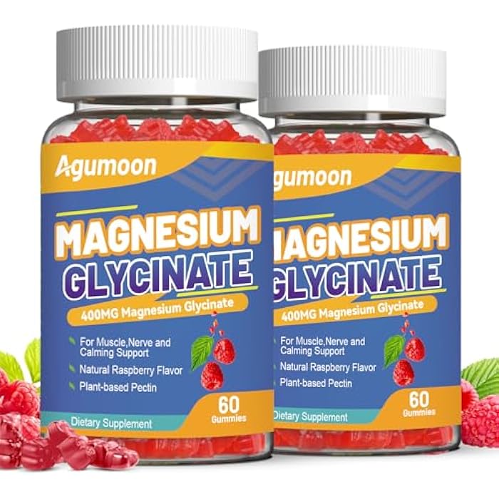 Agumoon Magnesium Glycinate Gummies 400mg with L-Threonine 200mg, Calcium, Potassium, Vitamins D & B6, CoQ10 - High Absorption for Stress Relief & Muscle Relaxation, Non-GMO, Gluten Free, 120 Raspberry Gummy - Image 1